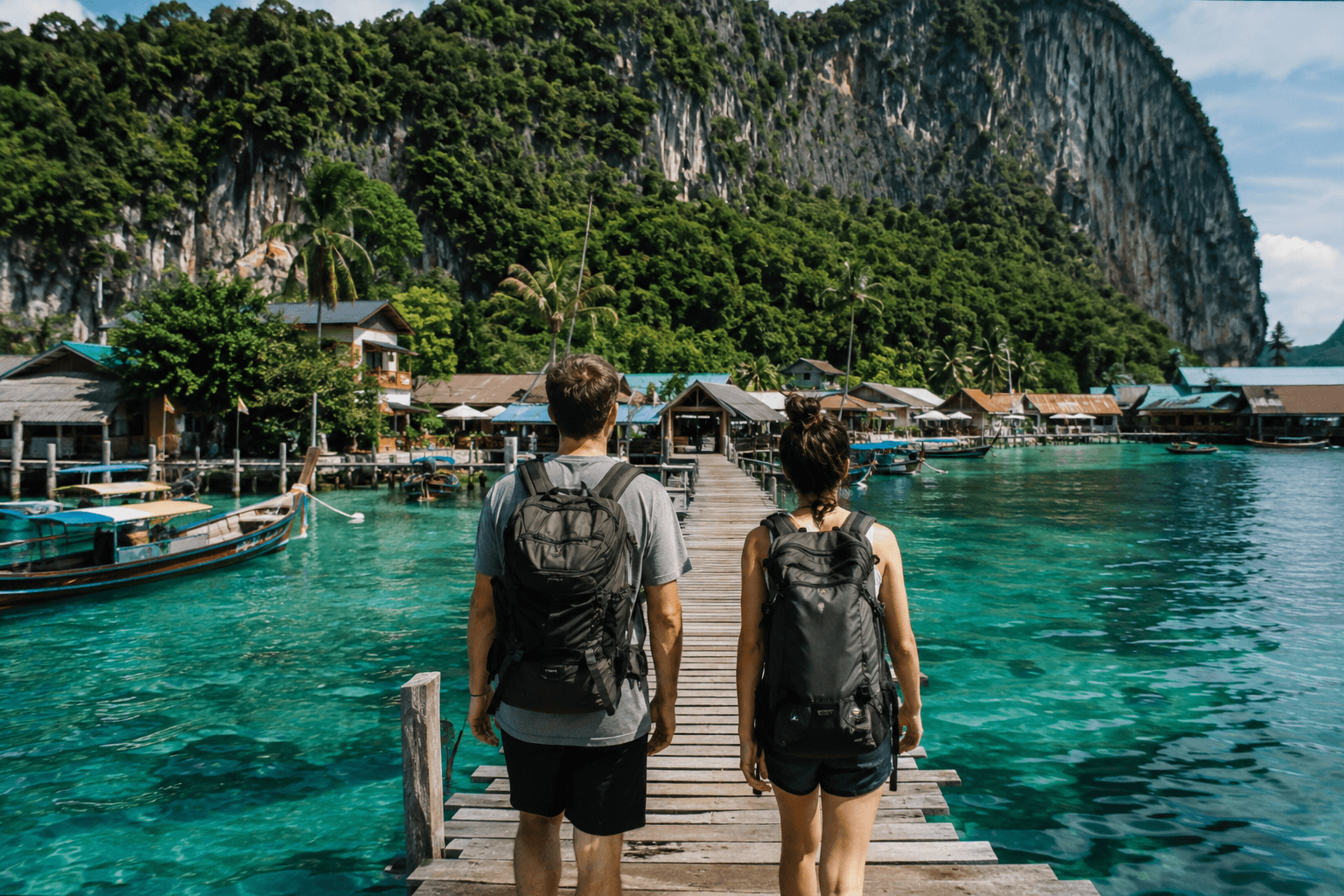 Two backpackers looking out over a tropical bay from a wooden jetty